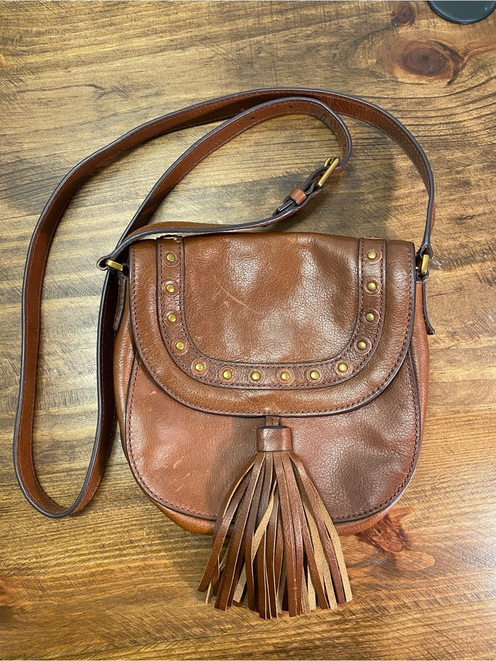 FOSSIL Women's Brown Leather Tassel Crossbody Bag | Western Bohemian Style